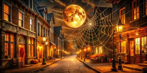 Spooky illuminated storefronts and spider-web-covered buildings line a darkened street, casting eerie shadows under a bright orange harvest moon on a festive autumn evening.