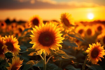 Fototapeta premium A field of sunflowers glows warmly as the sun sets, creating a picturesque evening atmosphere