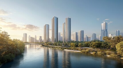 Obraz premium A wide-angle view of elegant high-rise towers standing by a river, framed by lush riverside parks and the flowing river, highlighting the blend of nature and urbanity