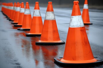 Traffic cones mark a slick road, signifying a construction zone in the early morning