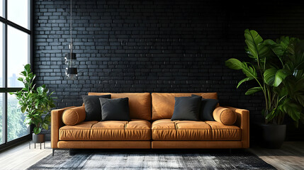 Modern Living Room Interior Design with Brown Leather Sofa and Black Brick Wall 3D Illustration