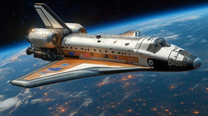 A vibrant space shuttle soaring above Earth, showcasing advanced technology and the vastness of outer space.