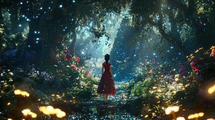 Fototapeta premium Enchanting Fantasy Forest Walk at Twilight with Glowing Lights