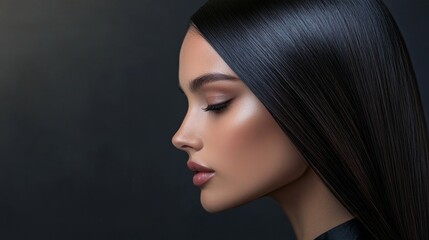 Fototapeta premium A woman with a sleek, straight hairstyle and a middle part, styled to perfection with a smooth finish, captured in a professional and contemporary environment.