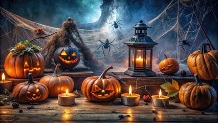 Spooky lanterns illuminate a dark tabletop, surrounded by creepy cobwebs, fake spiders, and eerily lit jack-o'-lanterns, inspiring Halloween party invitation design ideas.