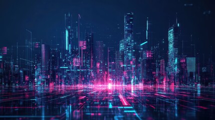 cityscape with space and neon light effect. Modern hi-tech, science, futuristic technology concept. Abstract digital high tech city design for banner background