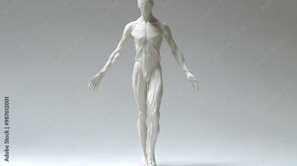 Poster a white anatomical model showcasing human figure and muscle structure in a minimalistic design and a
