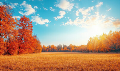 Naklejka premium A breathtaking autumn scene featuring vibrant trees surrounding an endless golden field, all beneath a clear blue sky, representing the beauty and tranquility of fall.