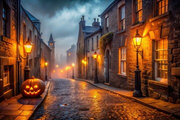 Spooky lanterns illuminate foggy streets of Limerick City on Halloween night, casting an eerie glow...