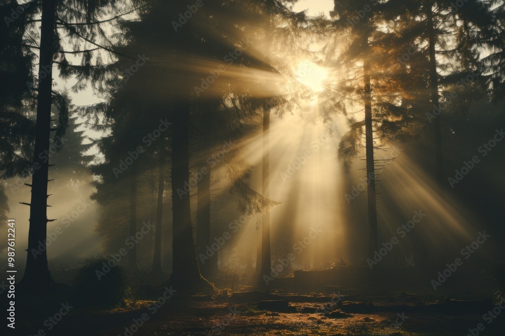 Poster sun rays filtering through trees in a tranquil forest environment during the early morning hours