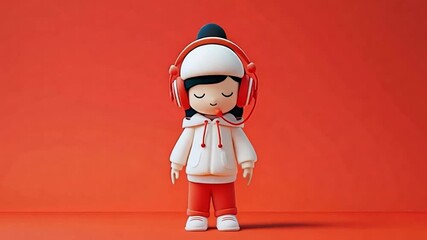 Adorable female character dancing and listening to music on headphones isolated on vibrant red background. In the style of 3d render.