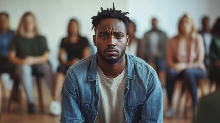 Fototapeta premium Sad anxiety depressed black man at support group meeting for mental health and addiction issues in anonymous community space with many people around