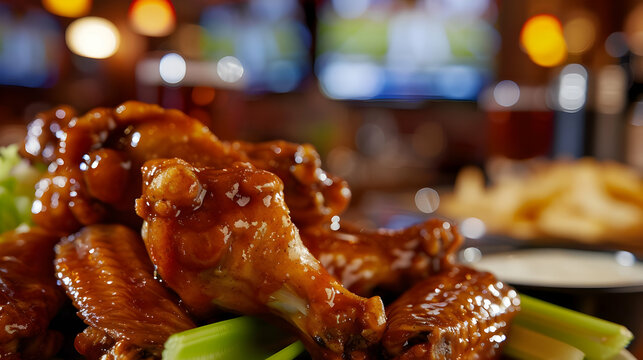 Close-up of Delicious Chicken Wings with Celery