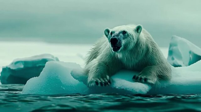 Polar bear resting on icebearg in under cloudy sky.