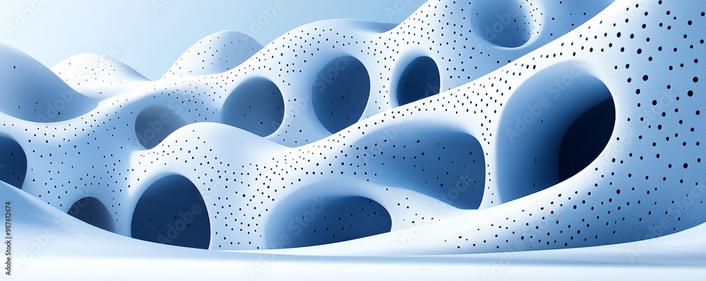Poster an abstract representation of organic forms in blue, featuring intricate patterns and smooth curves,