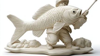 An exquisite ceramic sculpture featuring a fisherman proudly holding a large fish in a dynamic pose, perfect for art enthusiasts.