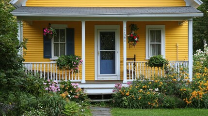 Bright yellow house with a welcoming front porch, showcasing a cheerful and inviting home.