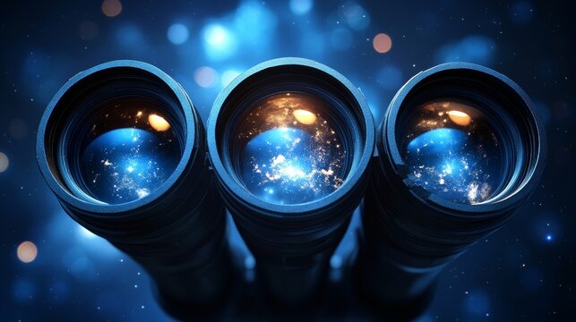 Captivating close-up of three telescope lenses, showcasing a starry universe reflecting through each lens.