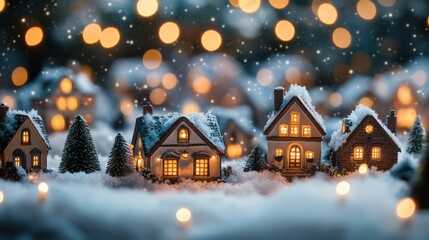 Naklejka premium Cozy Christmas village with warm glowing lights and snowy rooftops