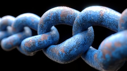 Close-up of a blue chain link with a textured surface, representing strength and connection against a dark background.