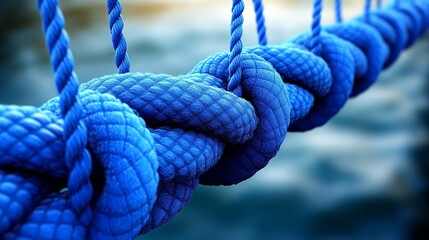 Close-up of a blue knot in rope, showcasing intricate weaving against a blurred water background for a tranquil feel.