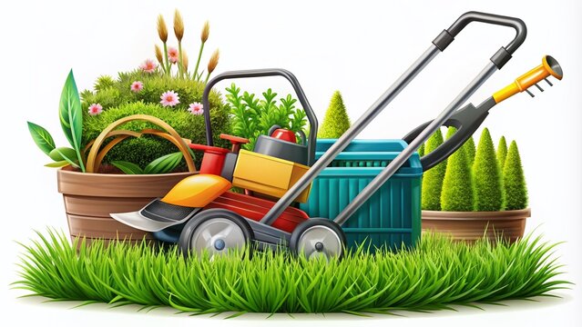 garden scene with lawnmower, plants, and grass clip art preview