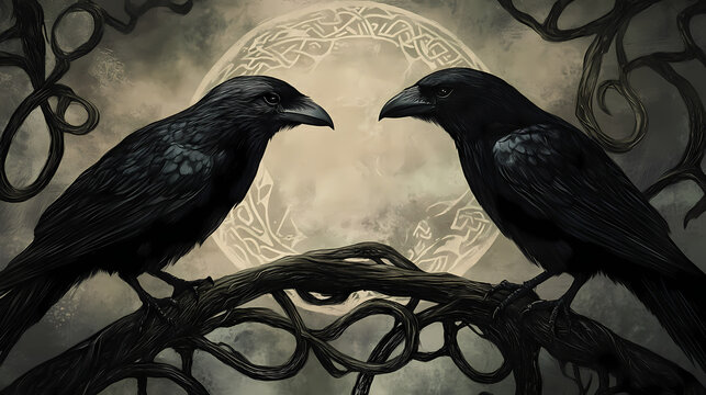 Hugin and munin. Celtic Mythology. Illustration