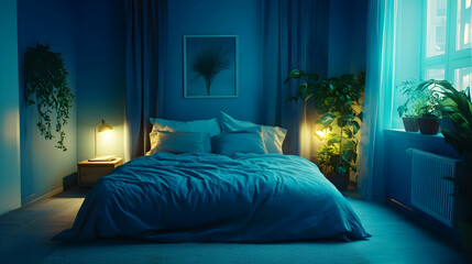 Blue Bedroom Interior Design with Bed and Plants - 3D Illustration