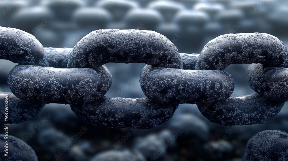Poster close-up of a metallic chain displaying its texture and intricate links, showcasing industrial stren