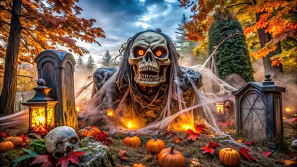 Spooky outdoor Halloween decoration featuring a giant, glowing-eyed monster emerging from a grave, surrounded by cobwebs, skeletons, and eerie autumnal foliage.