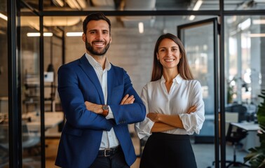 Fototapeta premium Confident male and female business professionals standing together in a modern office environment with crossed arms