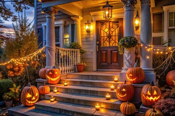 Obraz premium Spooky outdoor Halloween decorations adorn a suburban home's porch, featuring glowing jack-o-lanterns, cobweb-covered columns, and festive autumnal elements at an affordable price point.