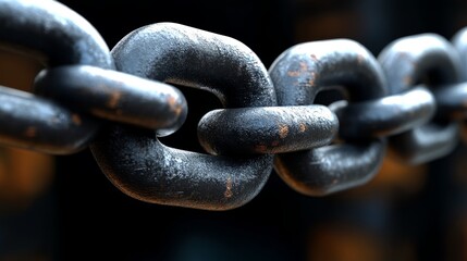 Close-up of a metallic chain showcasing its rugged texture and strength, ideal for industrial and security themes.