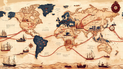 Illustrate a world map indicating the major trade routes used throughout history, from the silk road to modern shipping lanes. include annotations for key trade hubs. Silk Road. Illustration
