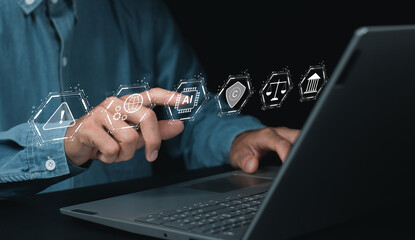 AI Laws and Regulations Concept. Businessman touching digital icons representing artificial intelligence, legal standards, ethics, regulatory compliance, Technology law and policy, copyright, patent,.