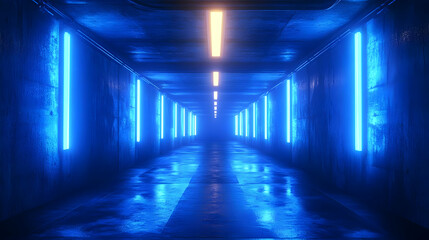 3D Neon Blue Light Hallway Abstract Background