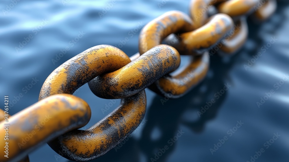 Poster close-up of a rusty metal chain submerged in water, showcasing texture and color variations in a dyn