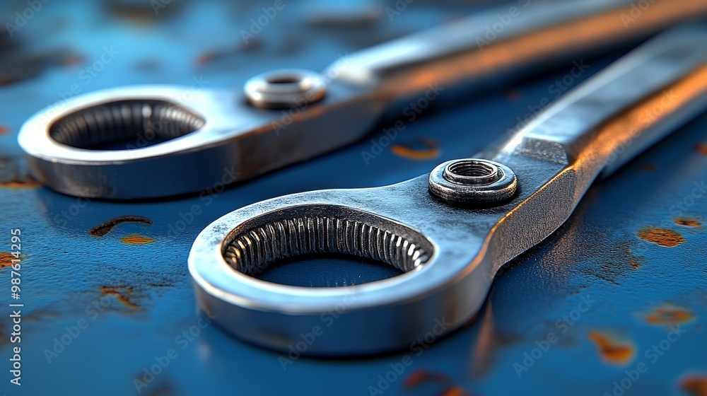 Poster close-up of a shiny metal tool on a textured surface, showcasing precision and craftsmanship in mech