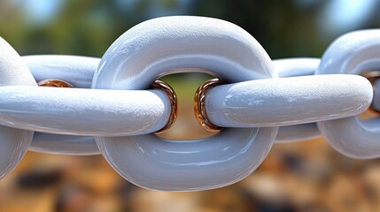 Close-up of a shiny white and gold chain link, symbolizing strength and connection. Ideal for design and industrial concepts.