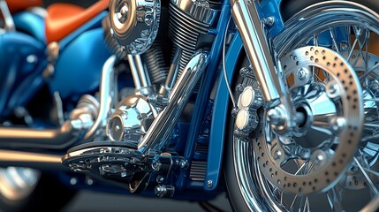 Obraz premium Close-up of a stunning blue motorcycle showcasing intricate details of its chrome components and powerful engine.