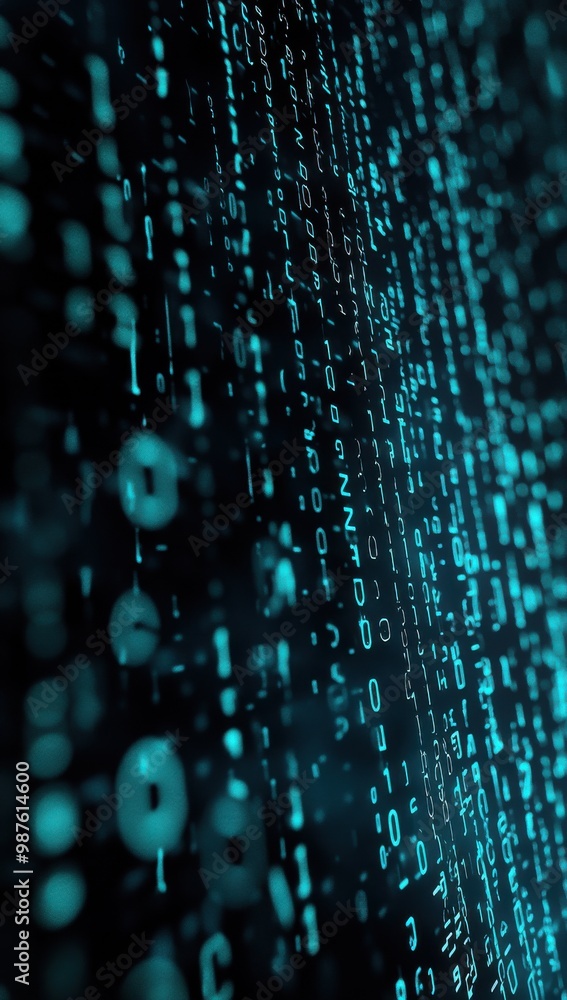 Poster digital binary code on a dark background, representing data flow and cyber technology.