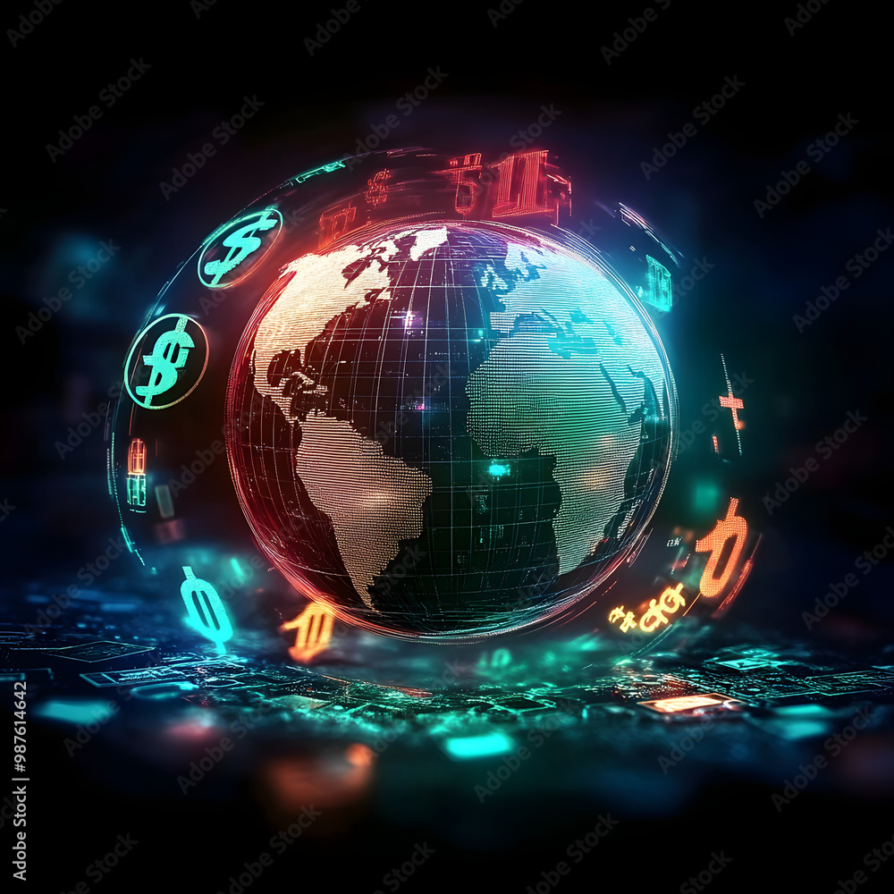 Poster blue hologram globe with world map with glowing data streams, ai global communication networks, virt