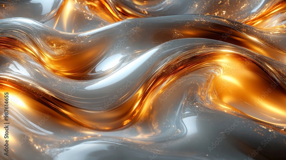 Poster abstract liquid gold and silver waves: a mesmerizing abstract background with flowing, luminous wave