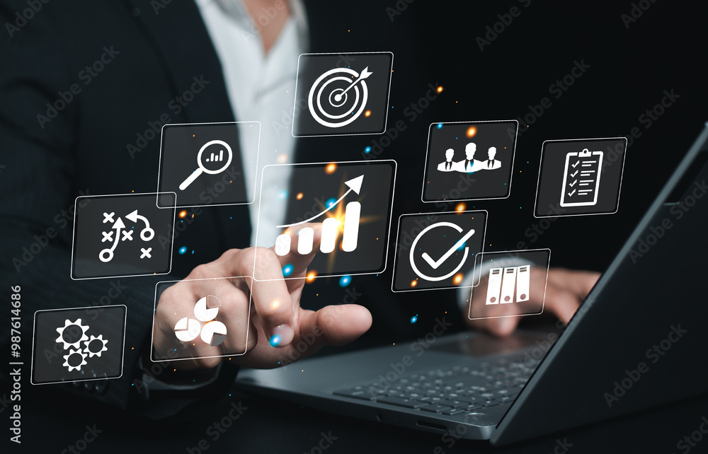 Poster concept of long-term business development and management executives looking at virtual screens busin