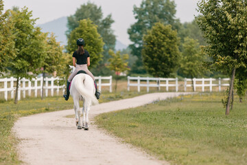 Young woman and her beautiful red horse during calm trail ride. Ecotourism and animal care concepts.