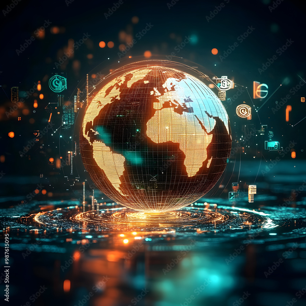 Poster blue hologram globe with world map with glowing data streams, ai global communication networks, virt