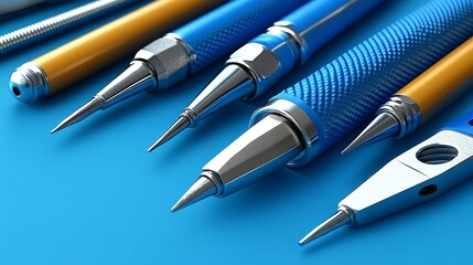 Naklejka premium Close-up of colorful pens and tools on a blue background, ideal for office or school themes and creative projects.