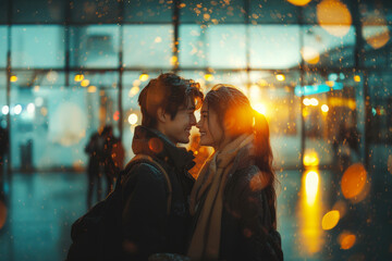Young Asian couple stands close, smiling through tears of joy as they reunite inside a bustling airport terminal, bathed in warm light