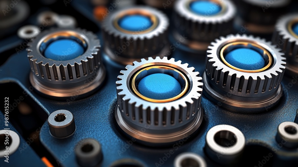 Poster close-up of metallic gears with blue accents, showcasing intricate engineering and precision design 