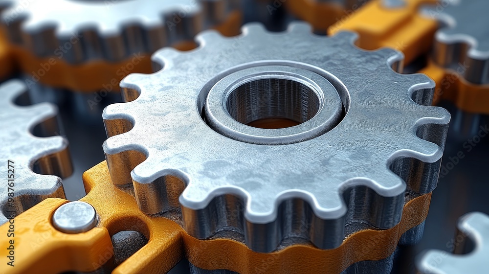 Poster close-up of metallic gears with orange accents, illustrating mechanics and engineering concepts in a